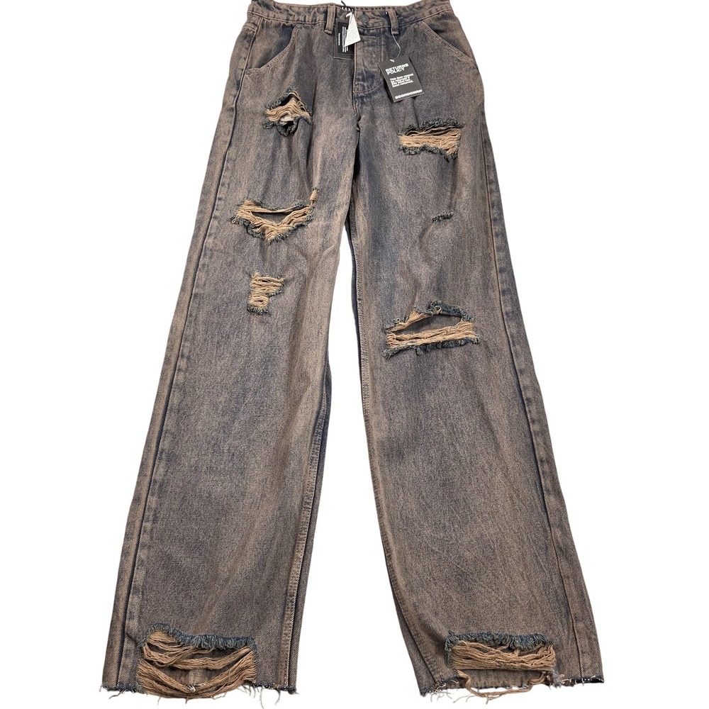 BoohooMAN Jeans Mens 30x33 Brown Distressed Relaxed Wide Leg Denim Button Fly